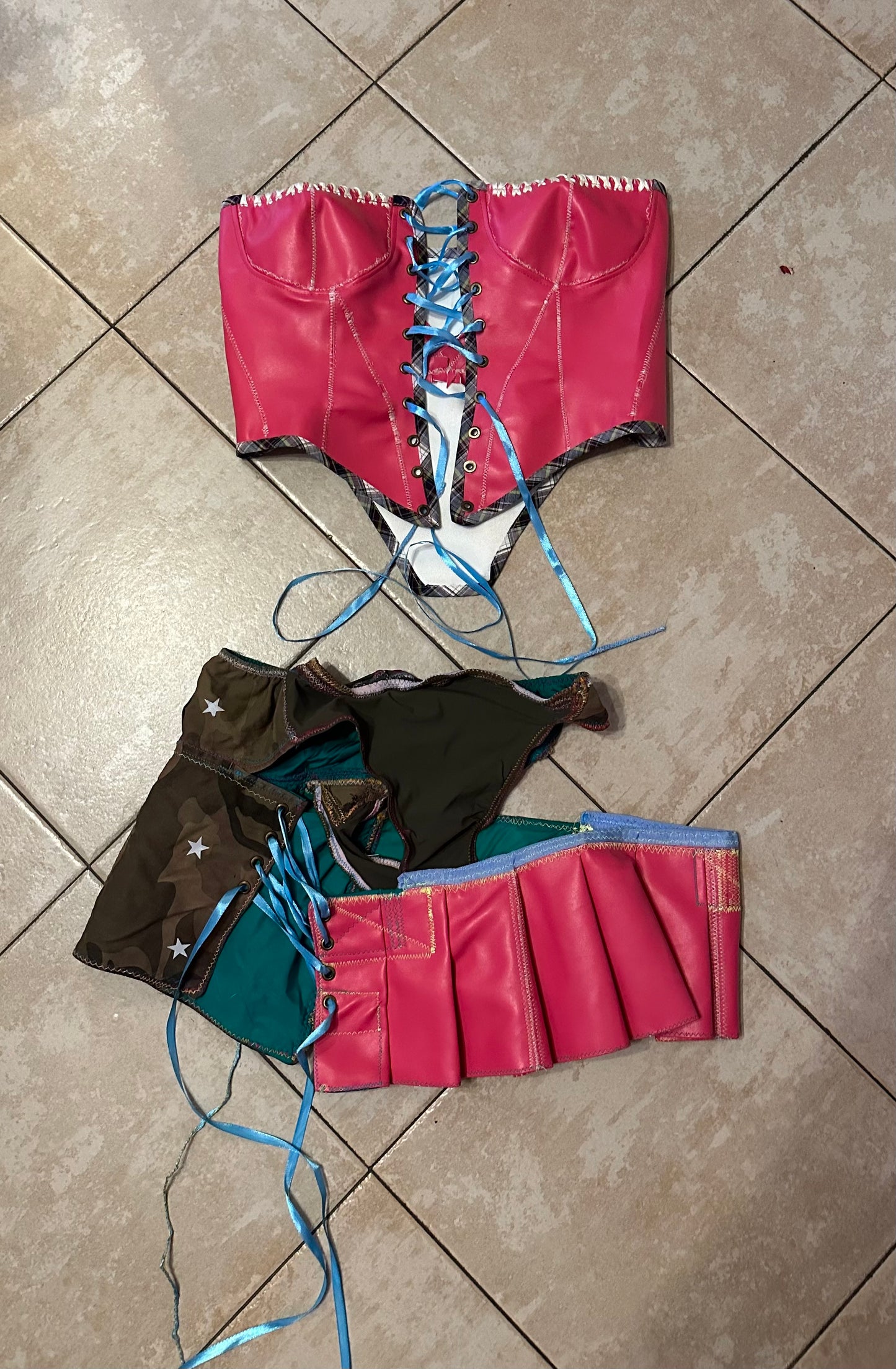PINK LEATHER CAMO SKIRT & CORSET