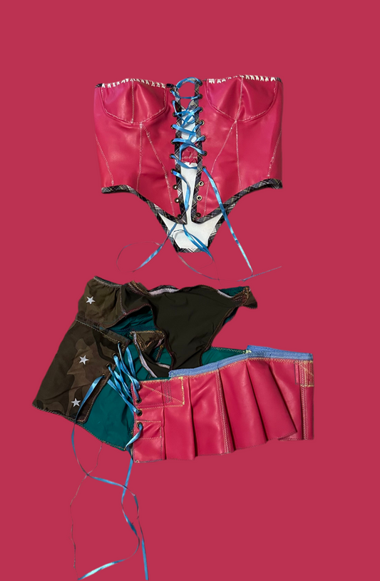 PINK LEATHER CAMO SKIRT & CORSET